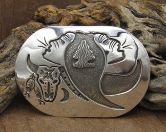 Navajo Sterling Silver Steer Skull and Talking Warriors Belt Buckle By Becenti