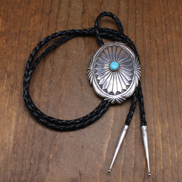 Southwest Cast Sterling Silver and Turquoise Oval Bolo Tie