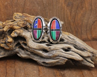 Sterling Silver Oval Multi Stone Inlay Earrings By Navajo G Nelson