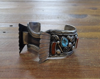 Vintage Turquoise and Coral Sterling Silver Watch Cuff Bracelet*