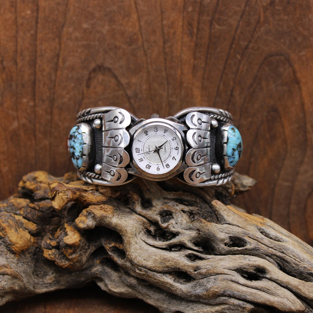Vintage Navajo Sterling Silver Turquoise and Coral Watch Cuff Bracelet ...