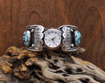 Vintage Sterling Silver Turquoise & Coral Watch Cuff  display picture 1