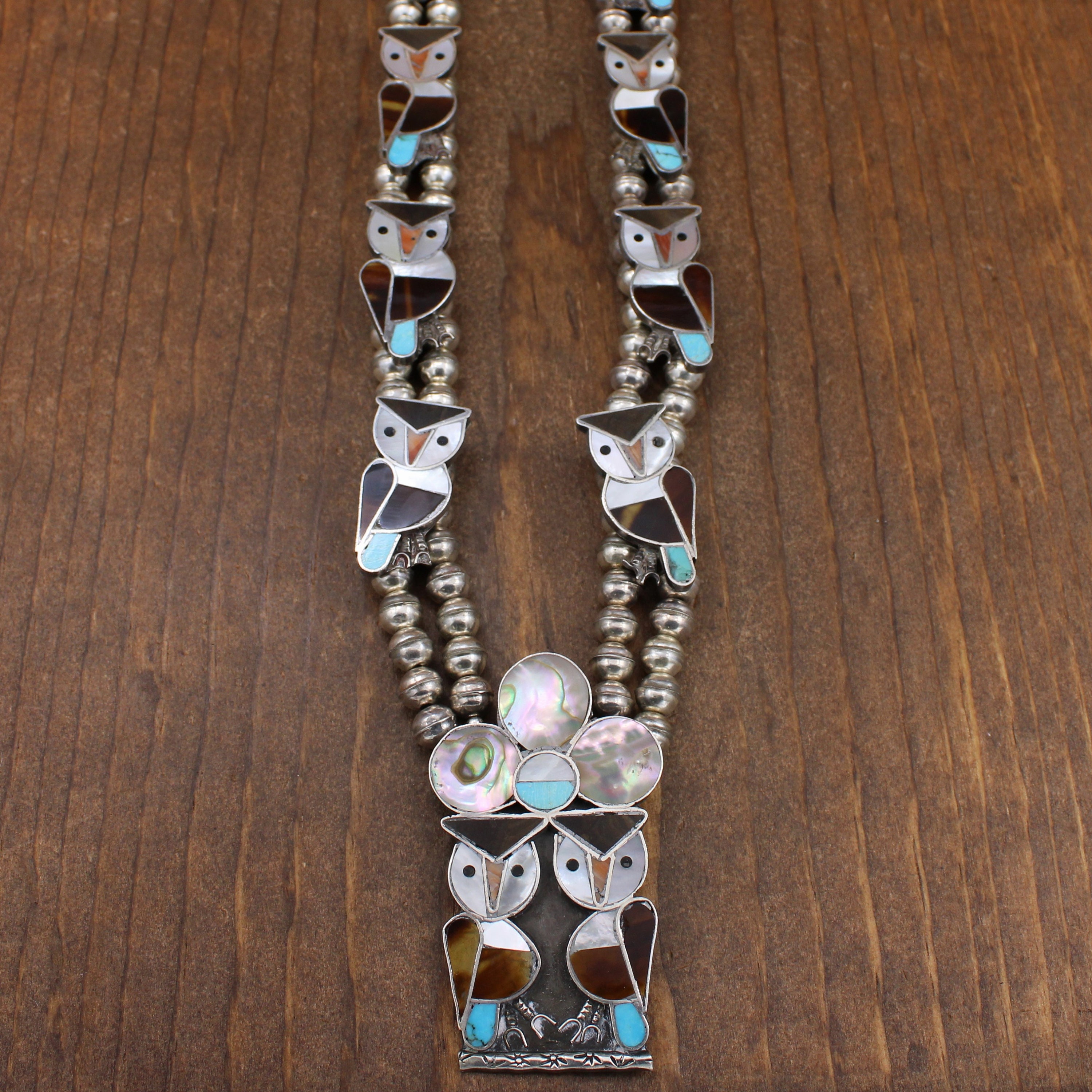 Sterling Silver Inlaid Owl Squash Blossom Necklace*