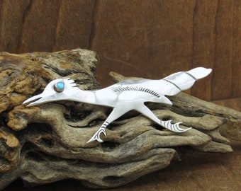 Large Vintage Sterling Silver and Turquoise Roadrunner Pin *