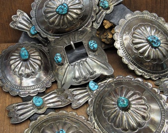 Vintage Sterling Silver and Turquoise Repousse Concho Belt by Mary Yazzie *