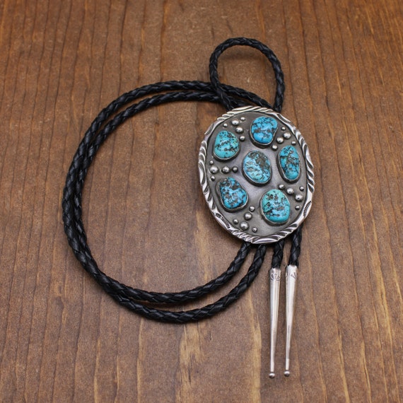 Vintage Sterling Silver Turquoise Cluster Bolo Tie * - Gem