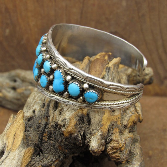 Vintage Sterling Silver Two Row Turquoise Cuff Br… - image 2