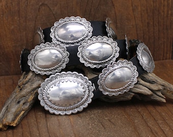 Lightweight Sterling Silver Oval Concho Belt on Narrow Leather*