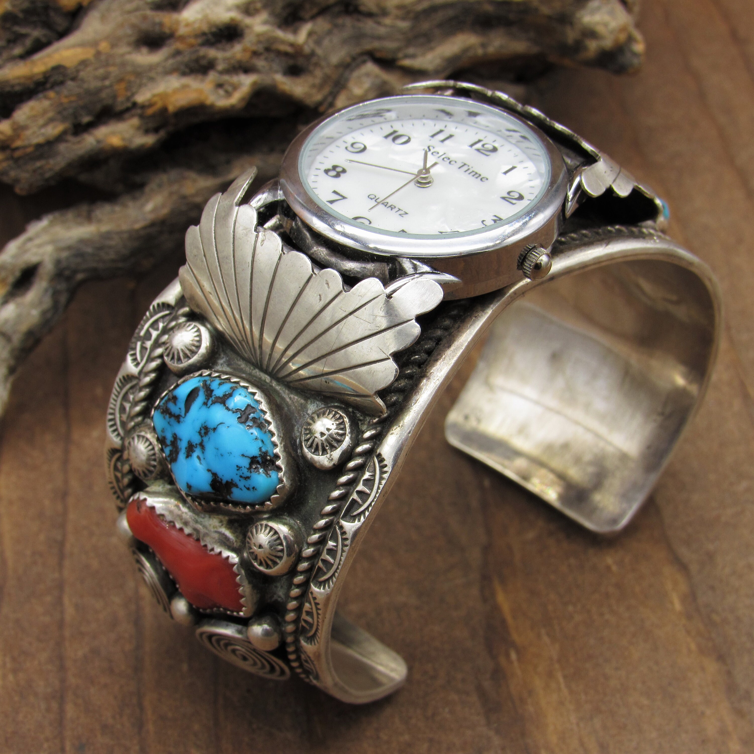Sterling Silver Men's Watch Cuff With Coral and Turquoise Sterling Silver Men's Watch Cuff With Coral and Turquoise