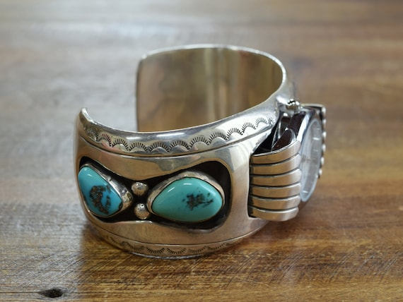 Vintage Navajo Turquoise Shadowbox Sterling Silver Watch