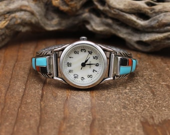 Vintage Zuni‎ Sterling Silver Multi Stone Inlaid Watchband by CM Booqua Vintage Zuni Sterling Silver Multi Stone Inlaid Watchband by  main image 2
