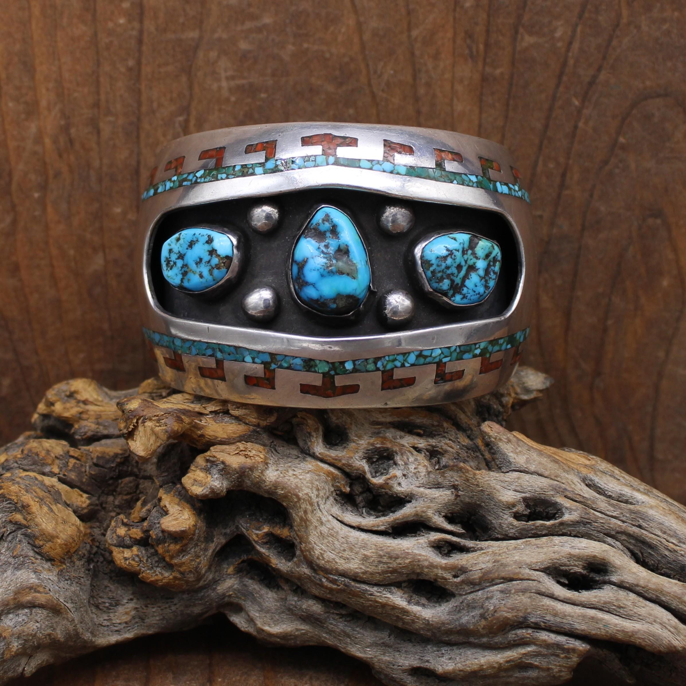 Sterling Silver JJ Wilson Turquoise Coral Chip Inlay and Nugget