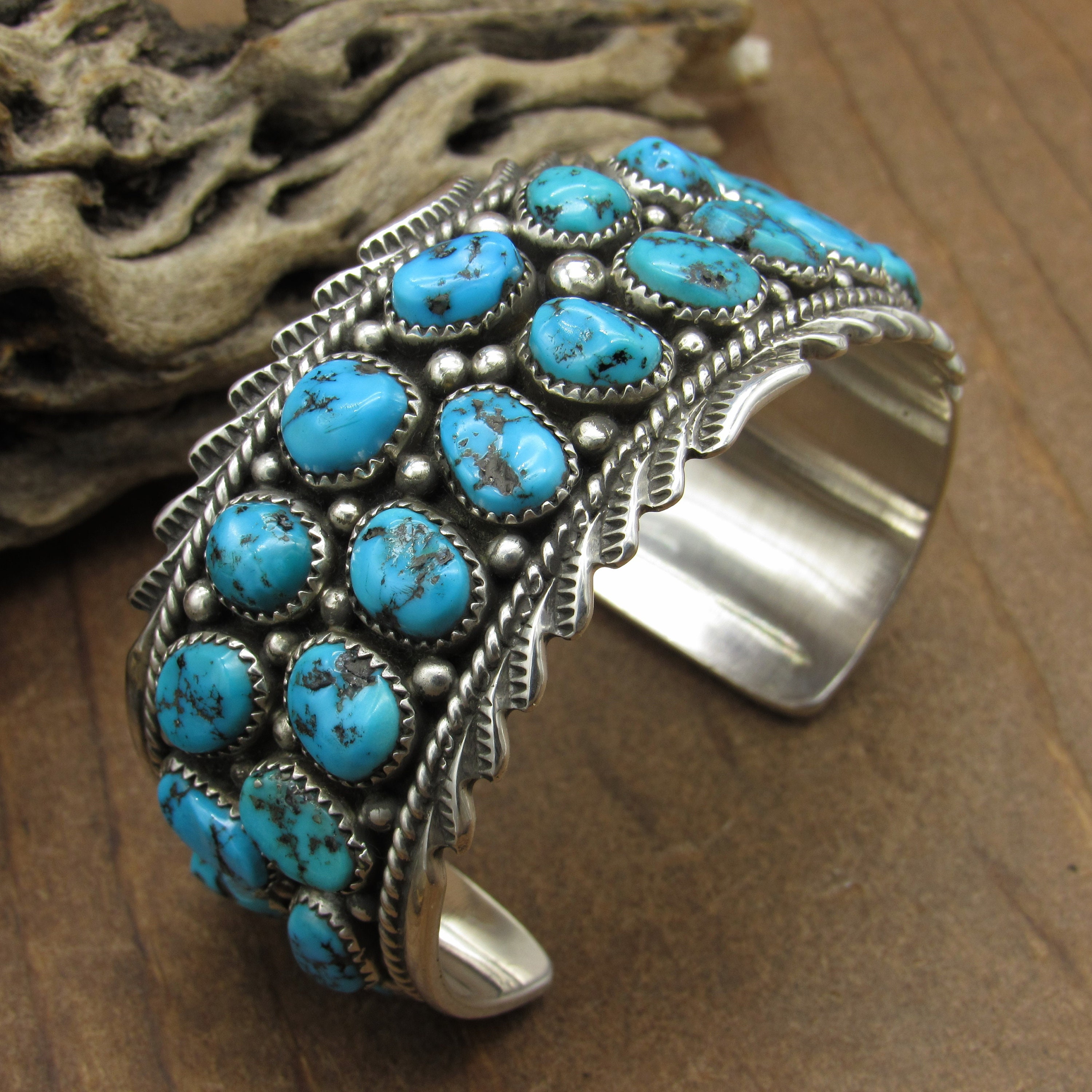 Men's Sterling Silver and 28 Turquoise Stones Cuff Bracelet