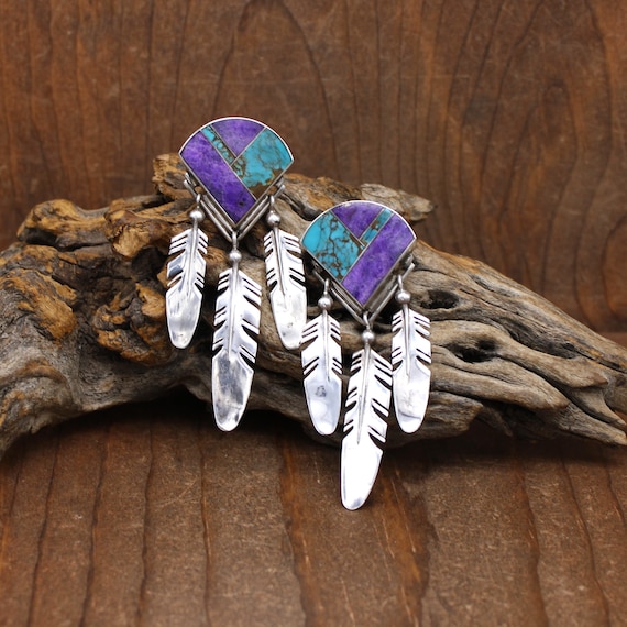 Large Beautiful Sugilite and Turquoise Inlay Ray Tracey Post Earrings *