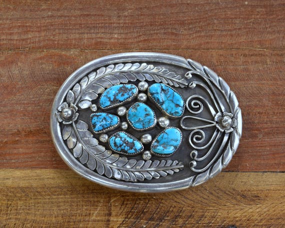 Southwestern Turquoise Sterling Silver Belt Buckle Vintage Navajo Sterling Silver Turquoise Belt Buckle Hand  main image 3
