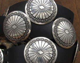 Southwest Sterling Silver Concho Belt on Black Leather* - Etsy display picture 3