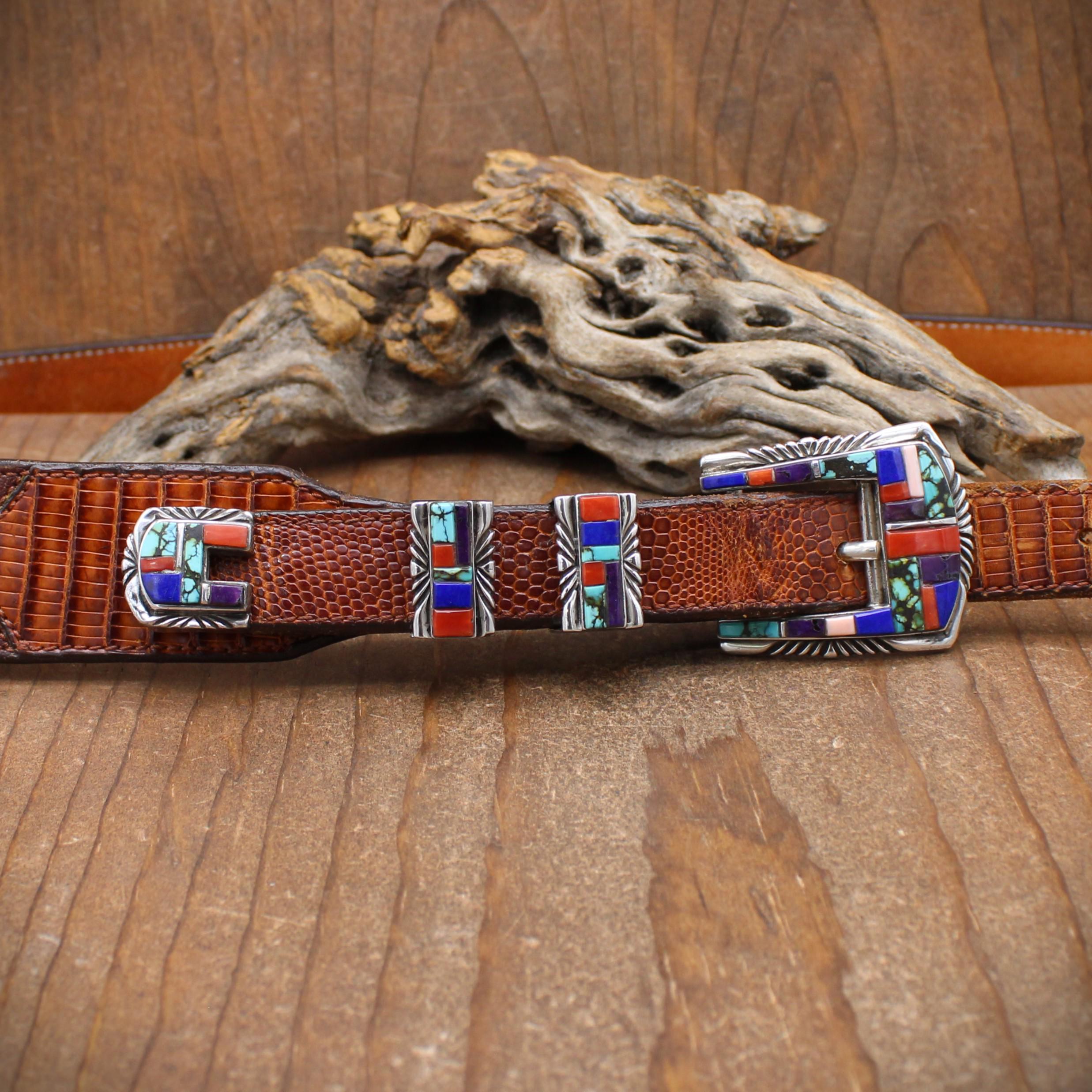 Sterling Silver Inlaid Stone Ranger Belt Buckle TSF Sterling Silver & Multi Stone Inlay Ranger Design Belt  main image 2