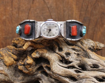 Sterling Silver Two Coral and Four Turquoise Stones Southwestern Watch Bracelet *