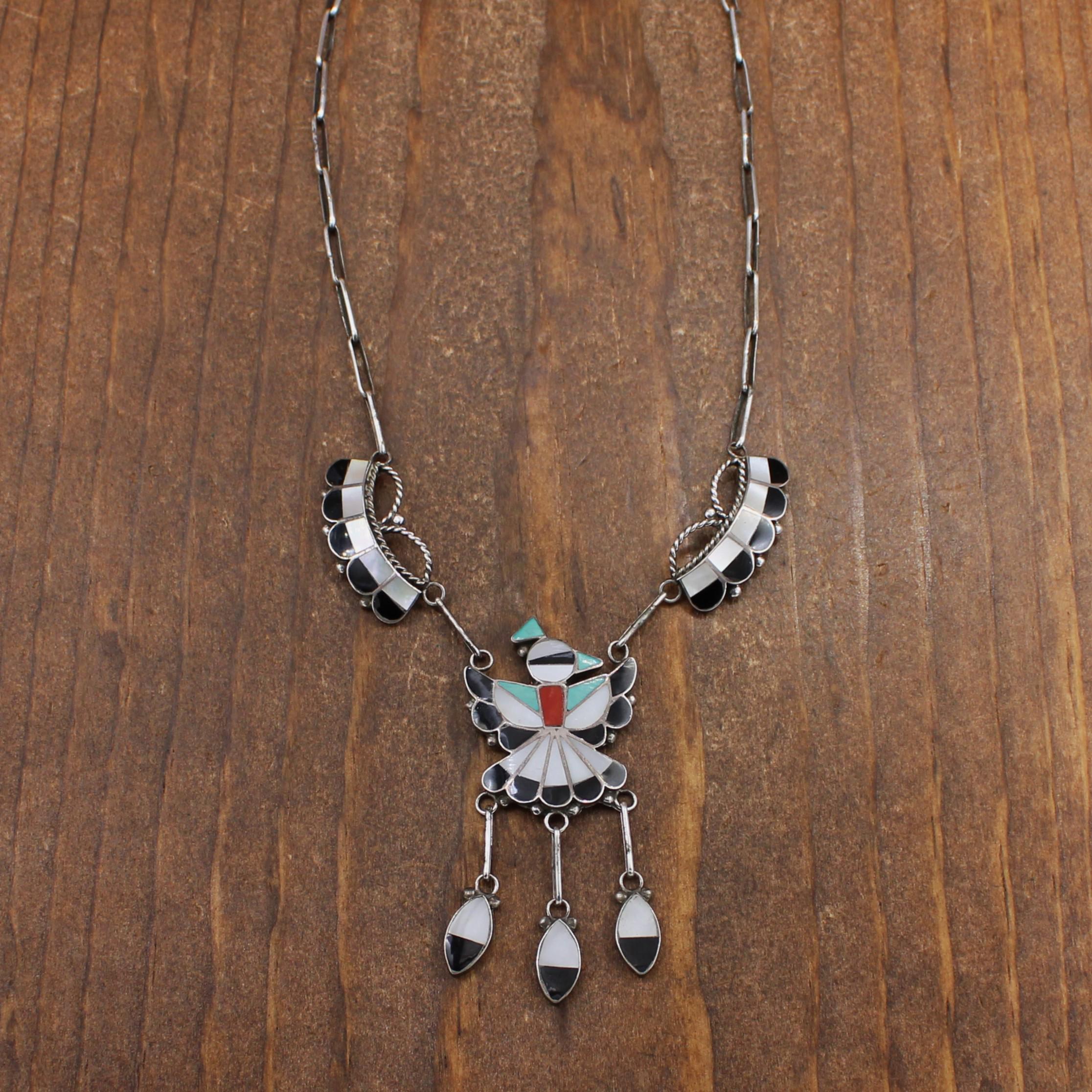 Sterling Silver Multi-stone Inlay Thunderbird Pendant Choker by