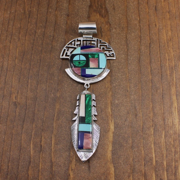 Large Sterling Silver Inlaid Pendant by Navajo Frank Yellowhorse