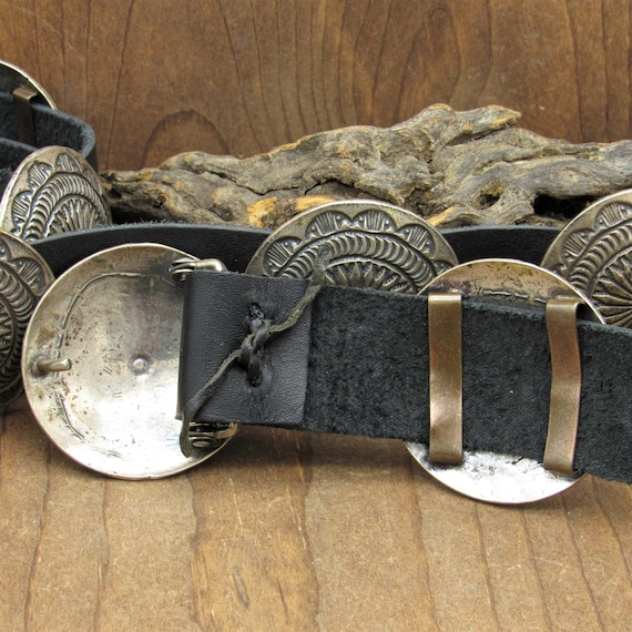 Southwest Sterling Silver Concho Belt on Black Leather - Etsy display picture 2