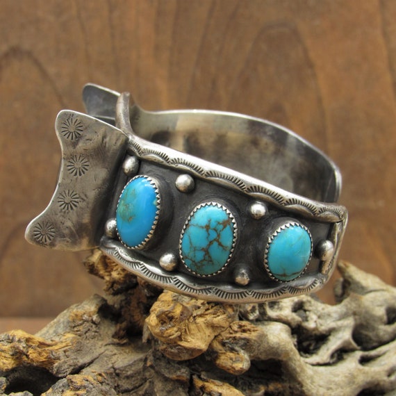 Sterling Silver Turquoise Watch Cuff Bracelet Wit… - image 4
