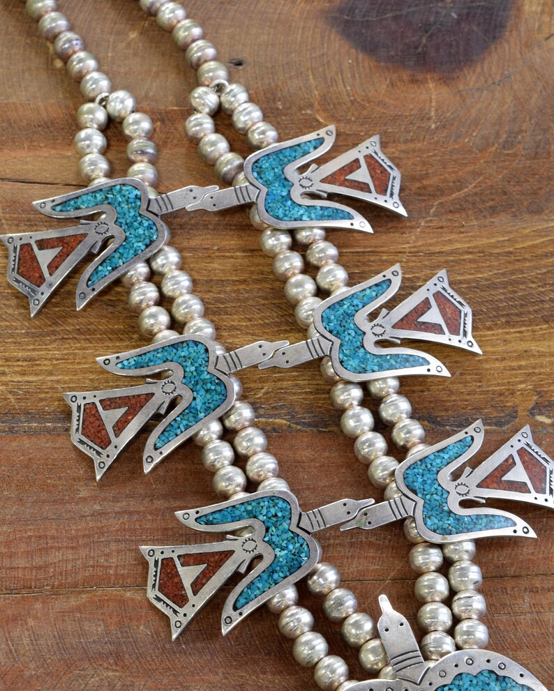 Vintage Peyote Bird Chip Inlay Navajo Squash Blossom Necklace Etsy