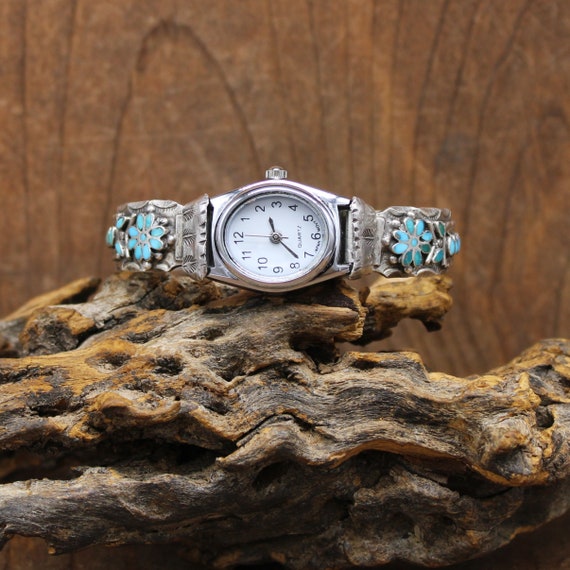 Sterling Silver Zuni Turquoise Flower Inlay Watch… - image 1