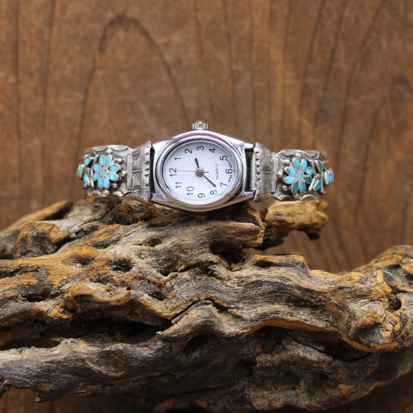 Vintage Beautiful Sterling Silver Zuni Inlay Turquoise Flower Watch Bracelet