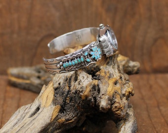 Sterling Silver Zuni Turquoise Flower Inlay Watch Bracelet by R