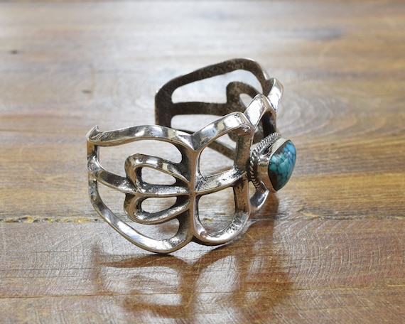 Vintage Sterling Silver and Turquoise Sandcast Cu… - image 2