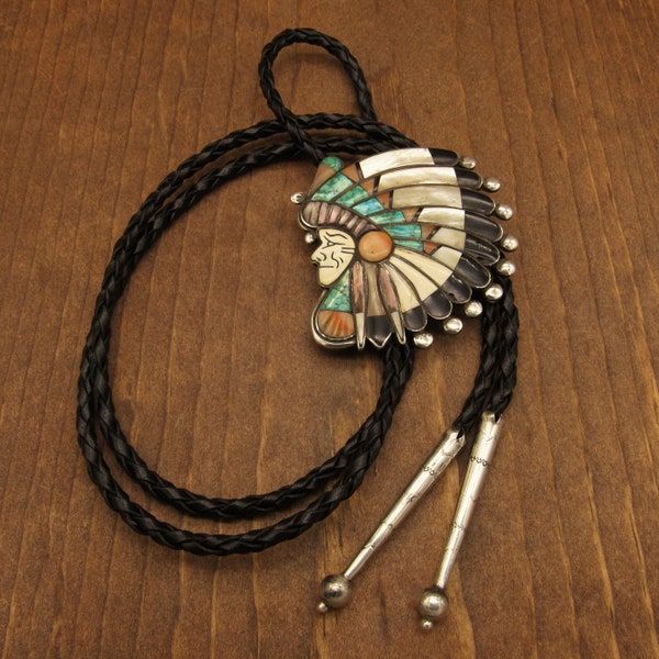 Collectible Zuni Ralph Quam Indian Head Dress Bolo Tie