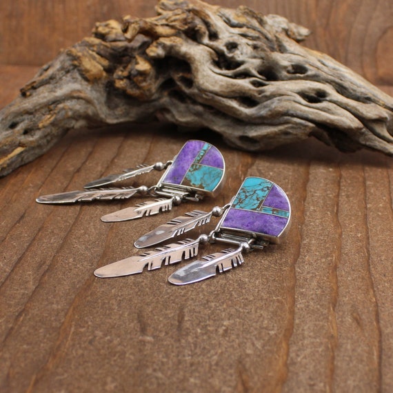 Large Beautiful Sugilite and Turquoise Inlay Ray Tracey Post Earrings * View 3