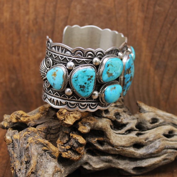 Navajo Darrell Cadman Sterling Silver Morenci Turquoise Stones