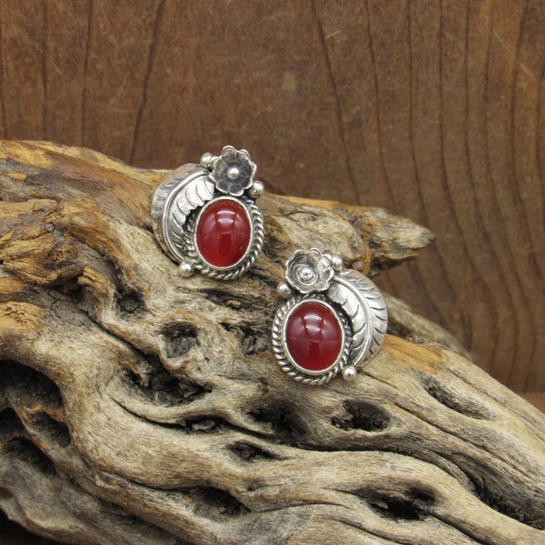 Navajo Silver and Carnelian Post Earrings Stamped Nakai