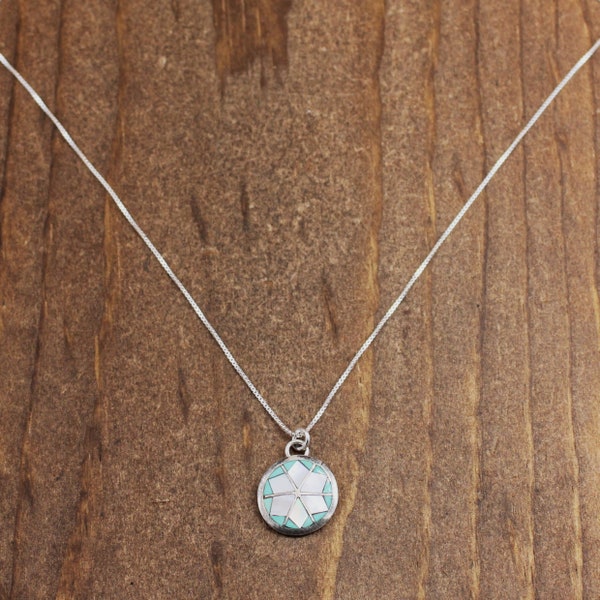 Sterling Silver Round Pendant Necklace Inlaid with Turquoise and Mother of Pearl