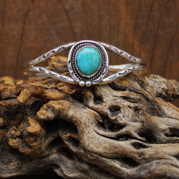 Sterling Silver and Turquoise Stamped Split Shank… - image 1