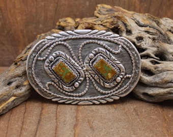 Vintage Sterling Silver Green Turquoise Belt Buckle