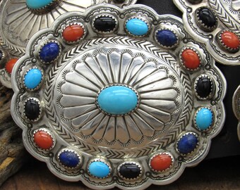 Vintage Sterling Silver Multi-stone Oval Stamped Concho Belt