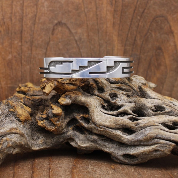 Sterling Silver Geometric Cuff Bracelet By Lawrence Saufkie Hopi