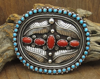 Sterling Silver Coral and Turquoise Southwest Belt Buckle