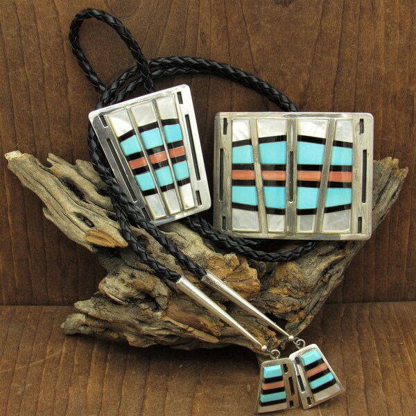 Martin & Esther Panteah Zuni Vintage Inlaid Bolo and Buckle Set