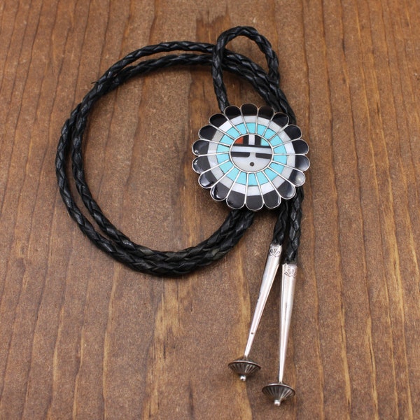 Sterling Silver Vintage Zuni Inlay Sun Kachina Bolo Tie by Dora and Jose Massie