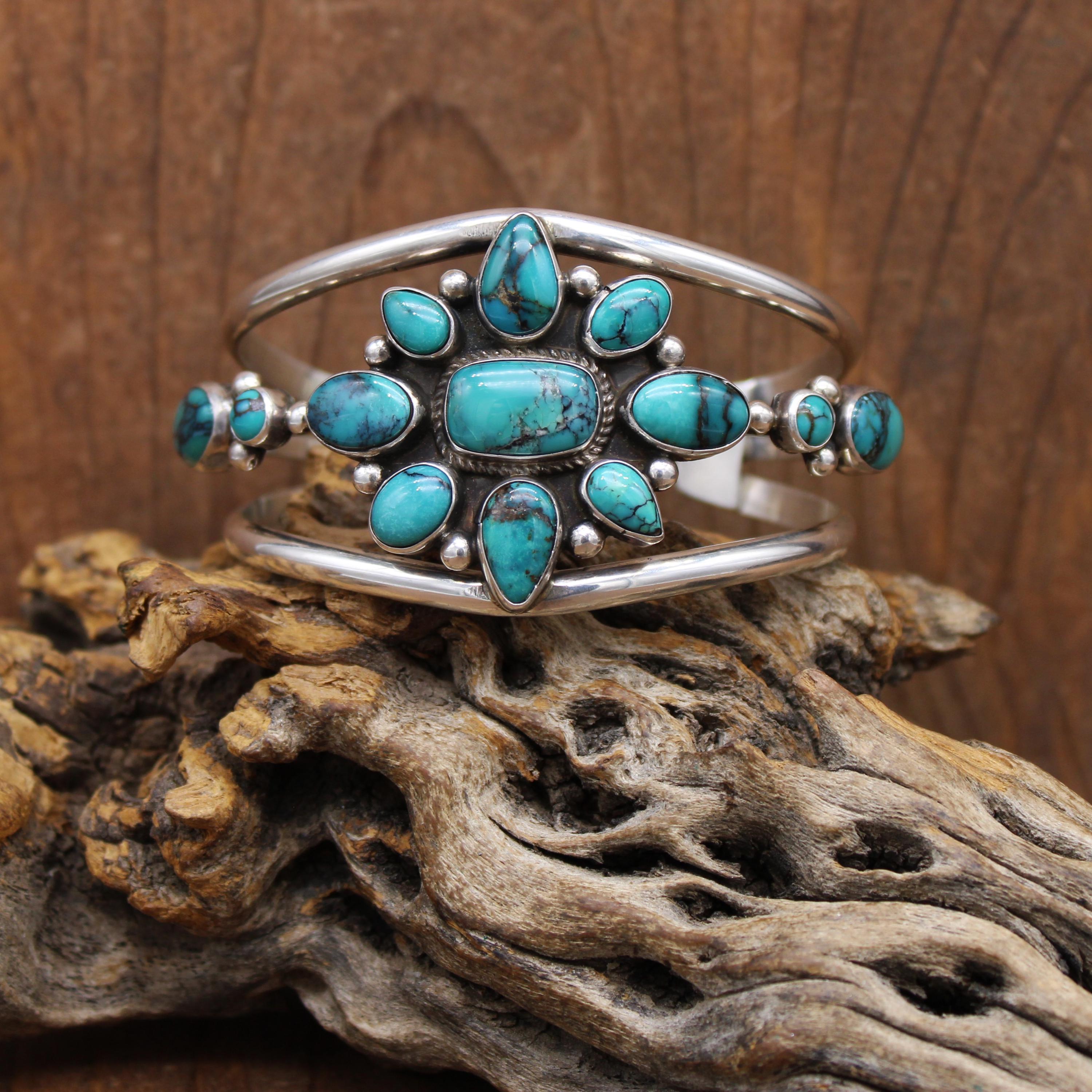 Sterling Silver Turquoise Floral Design Cuff Bracelet by Navajo
