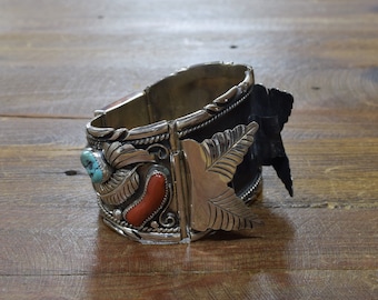 Vintage Navajo Sterling Silver Turquoise and Coral Watch Bracelet *