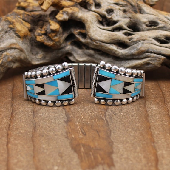 Sterling Silver Mother-of-Pearl Turquoise and Jet… - image 1