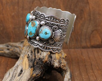 Navajo Darrell Cadman Sterling Silver Morenci Turquoise Stones