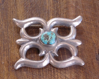 Vintage Navajo Sterling Silver and Turquoise Sandcast Pin *