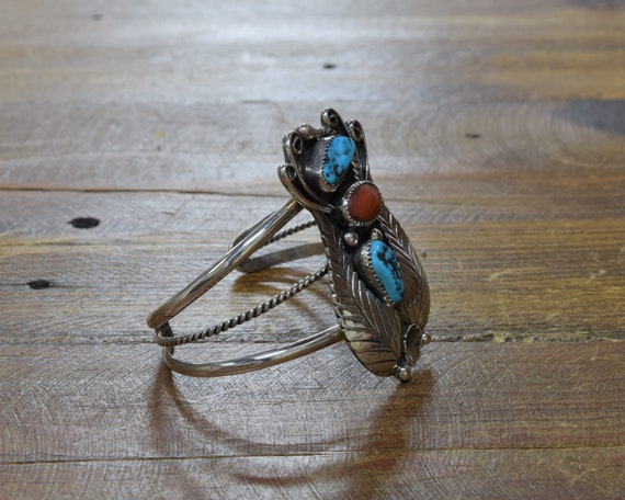 Navajo Sterling Silver Turquoise and Coral Cuff B… - image 2