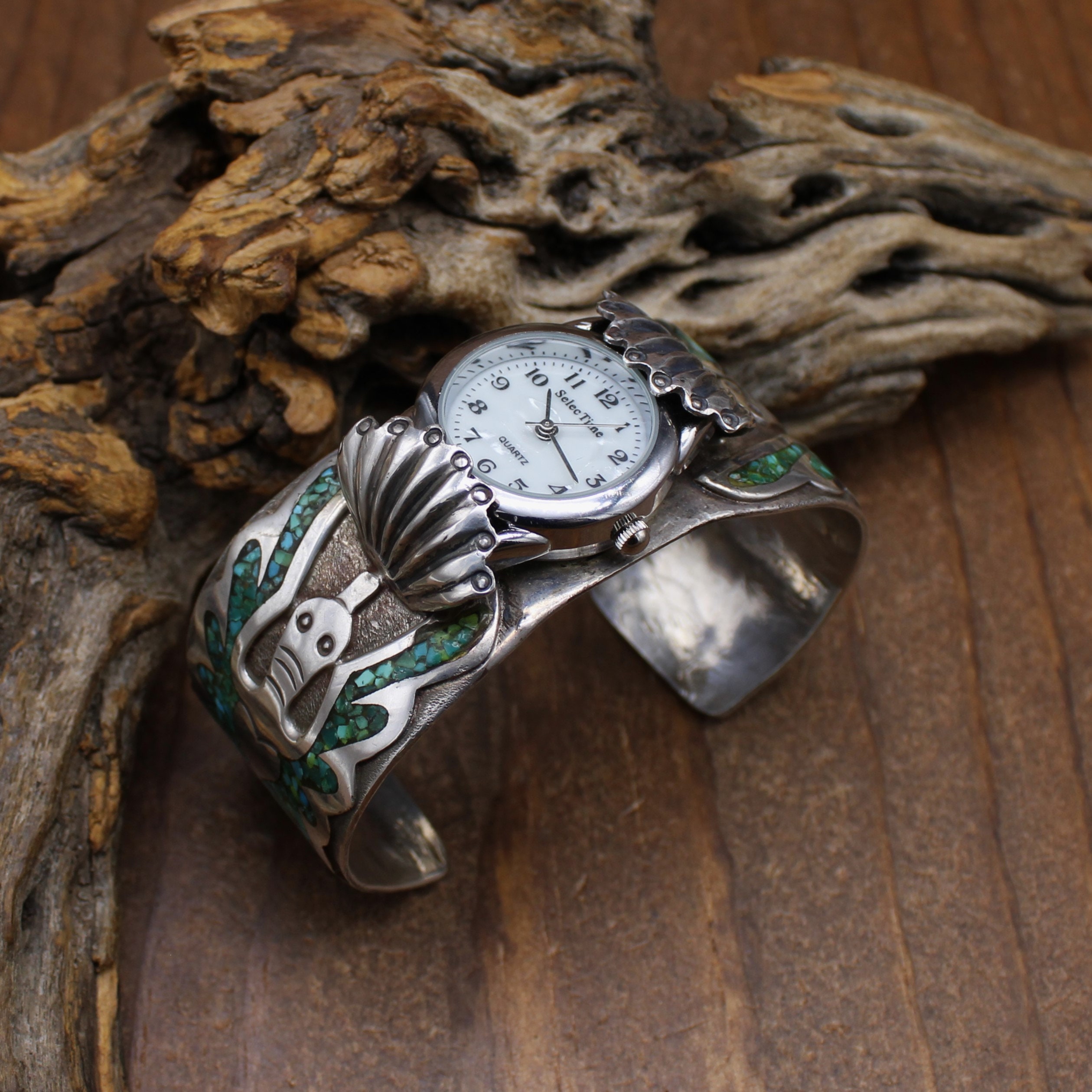 Vintage Sterling Silver Chip Inlay Peyote Bird Watch Cuff by Vintage Sterling Silver Chip Inlay Peyote Bird Watch Cuff by